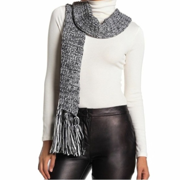 Calvin Klein Marled Chunky Knit Scarf Long Black Fringe Pom Pom Wool Blend - Picture 1 of 8